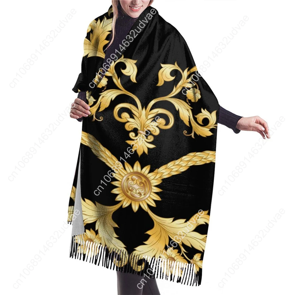 Schwarze Schals für Damen Winter goldene Blumen Kaschmir Schal Pashmina Schals Wraps weiblichen Foulard Bandana dicken Druck