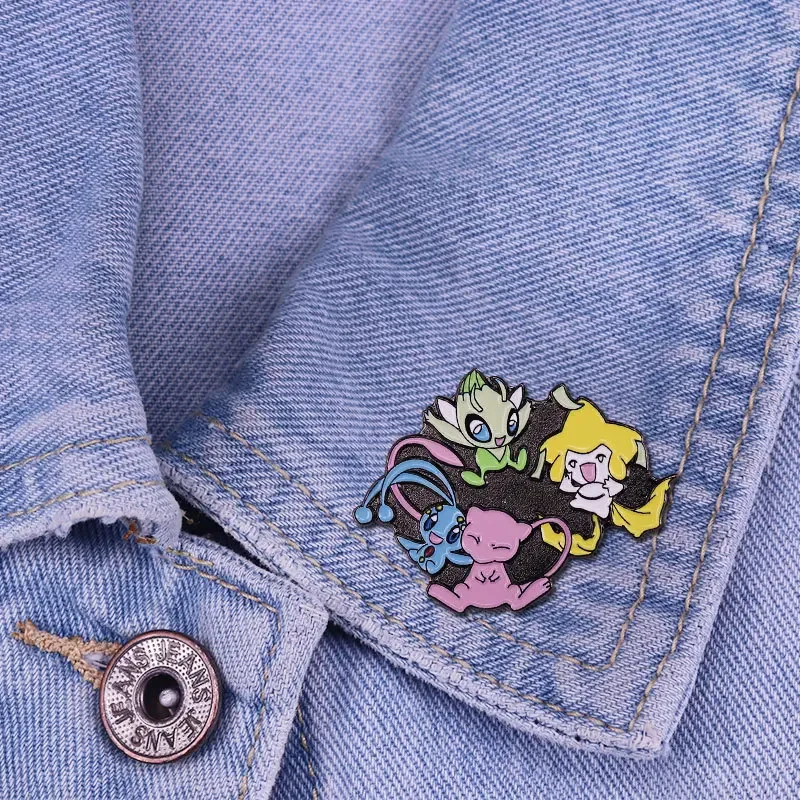 Mythical Pokemon Anime Jirachi Celebi Mew Metal Badge Backpack Clothes Brooch Decoration Pin Accessories Kids Toy Birthday Gifts