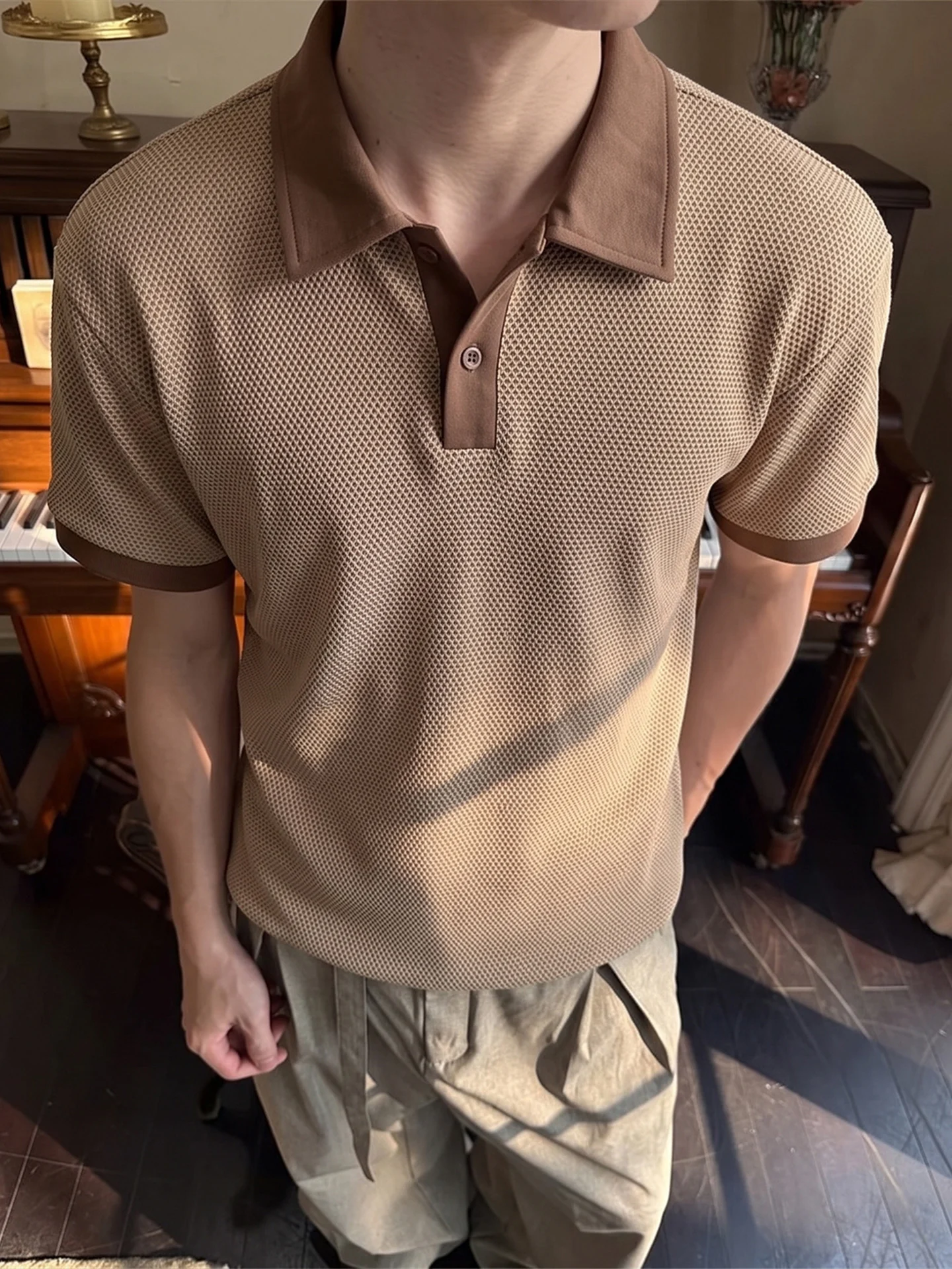 Men's  Shirt Short Sleeve Breathable Summer Texture T-Shirt Dragon Scale Pattern Flip Collar Half Sleeve High End Feeling
