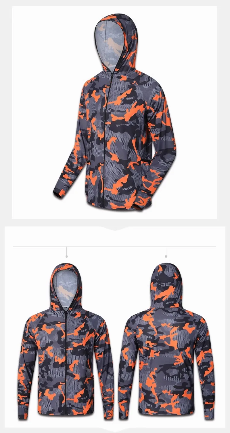 Herren Sonnenschutz Atmungsaktive Windjacke Schnelltrocknend Dünn Tarnmuster Mit Kapuze Angel- und Jagdbekleidung Lässiger Reißverschluss Langarm – Detail 3