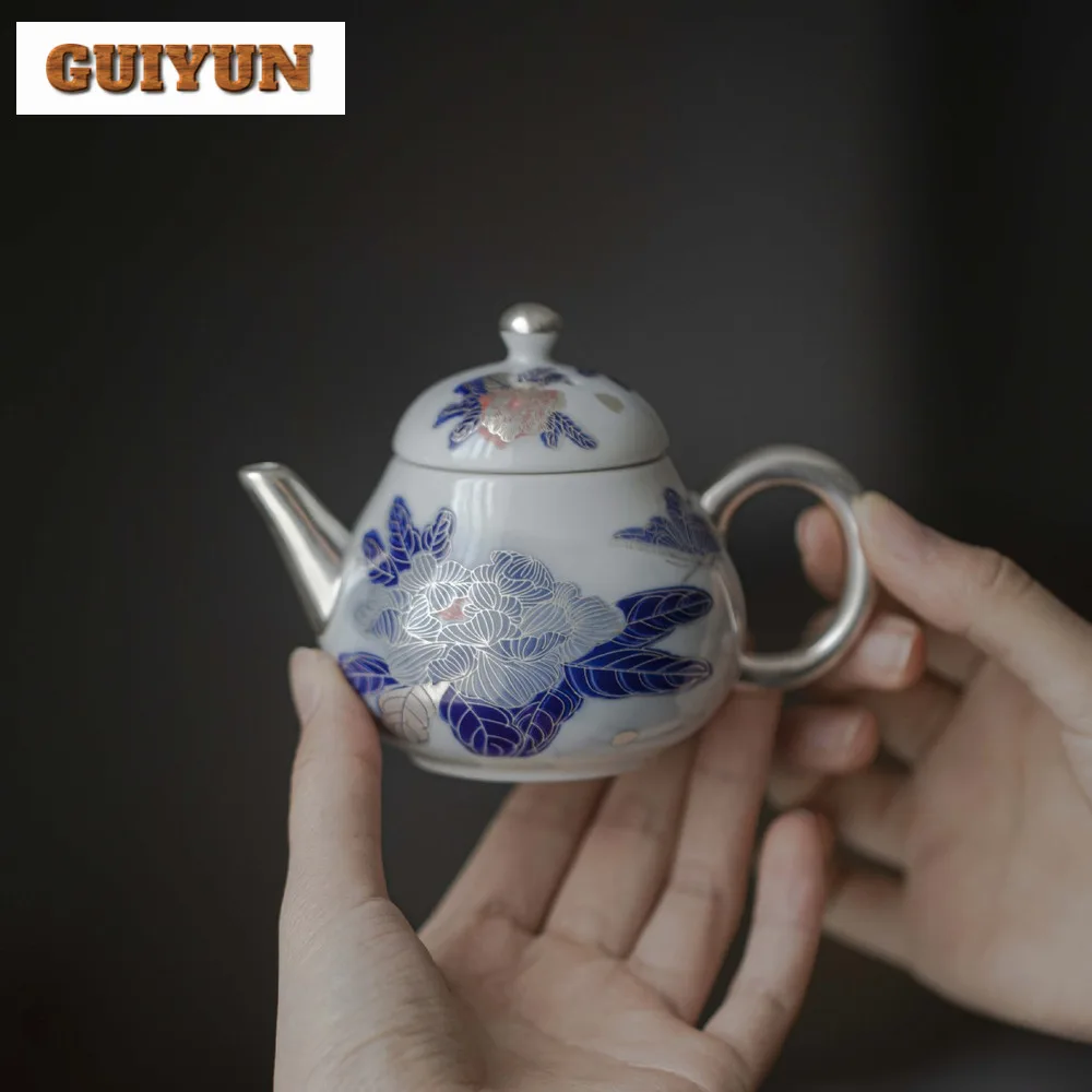 150ml Exquisite Gilt Silver Peony Art Teapot Handmade Small Pot Household Tea Making Kettle Chinese Kung Fu Tea Set Decoration