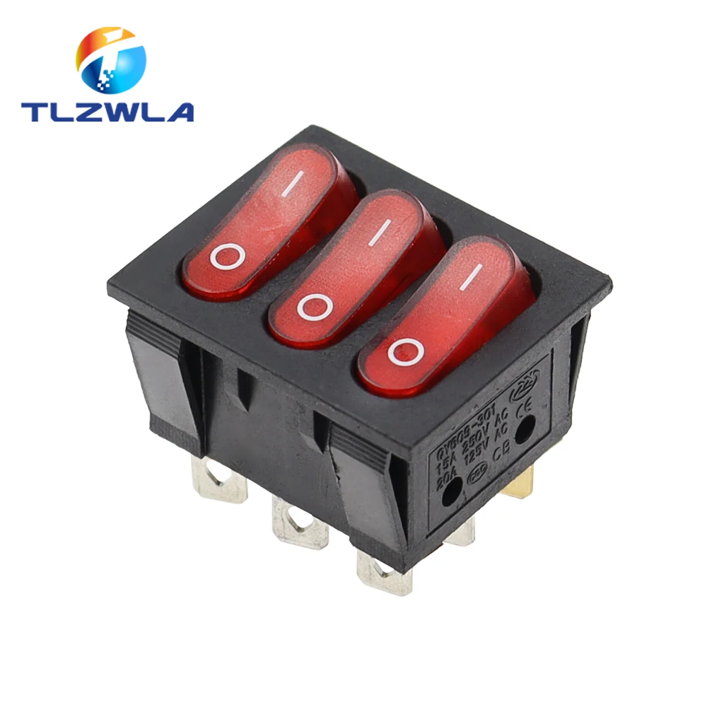 1PCS On-Off KCD3 9Pin Red 15A 250V 20A 125V AC Light Boat Car Rocker Switch KCD3-303 KCD3 Triple Light Switch Button