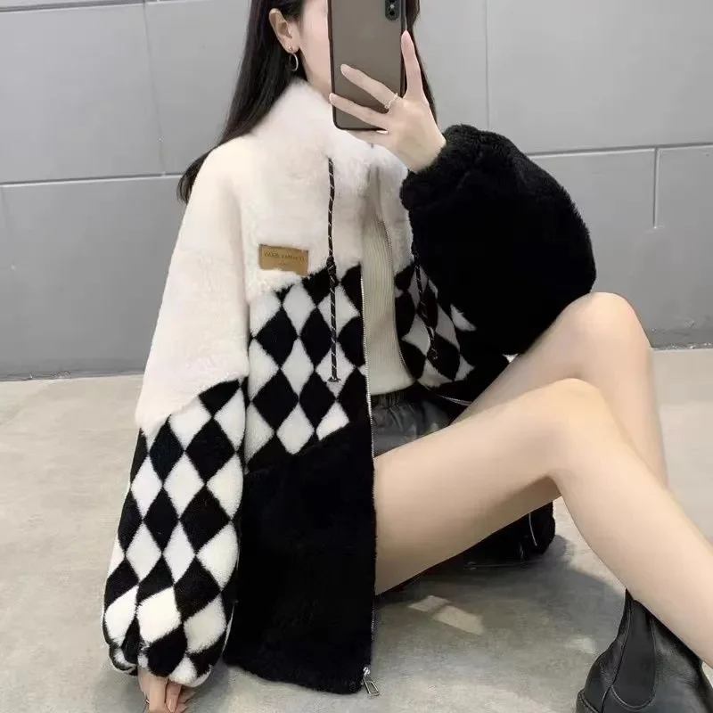 Checker Spliced Grain Faux Sheep Shearing Coat Women's Jacket Lady Lamb Fur Grass Fur One Piece Coat 2022 Female Winter Overcoat