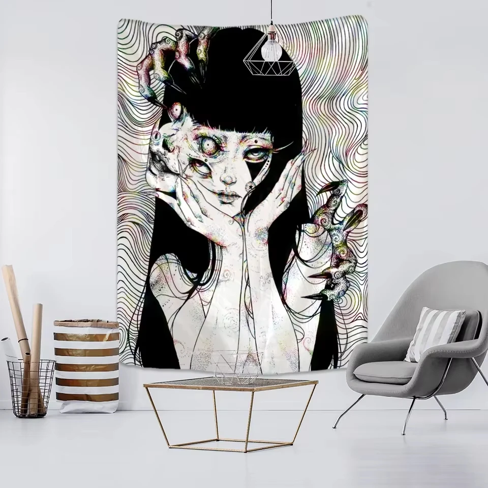 VIKAMA Junji Ito Horror Tapestry Tomie Black White Anime Wall Hanging for Bedroom Living Room Dorm Gothic Room Decoration