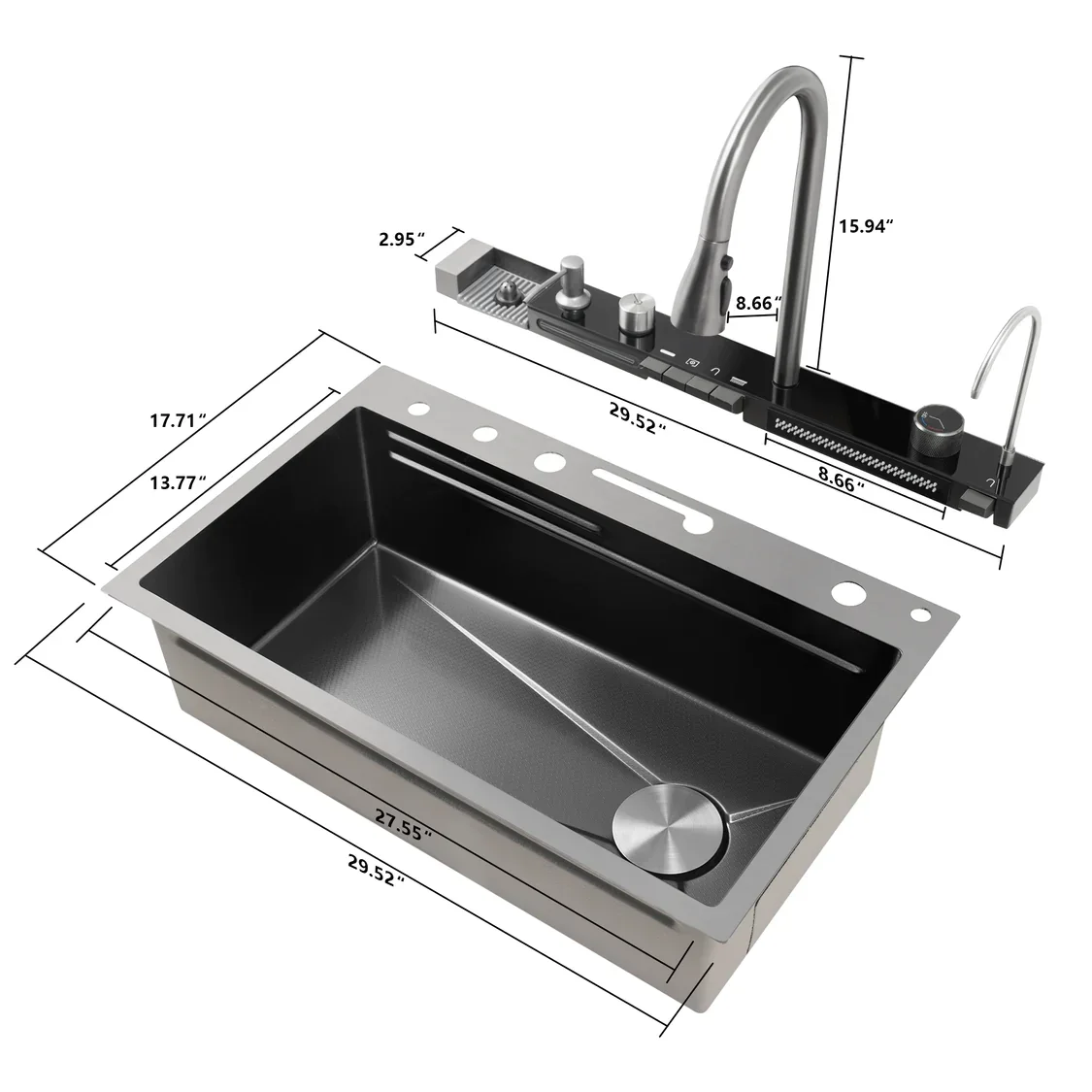 Pia de cozinha inteligente em aço inoxidável 304, Cachoeira Kinnls, Exibição em tempo real da temperatura da água, Torneira Pull-down