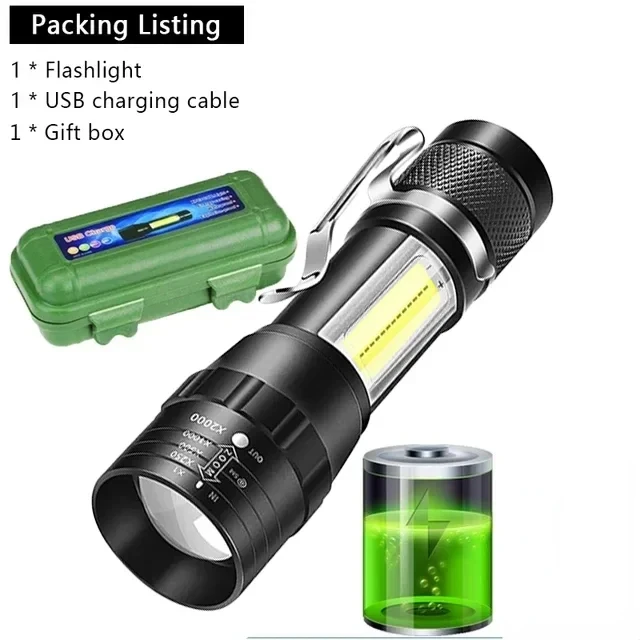 USB Oplaadbare Mini Zaklamp COB + XPE Draagbare Ingebouwde Batterij Zoombare Kleine Zaklamp 3-Modus Camping Noodzaklampen