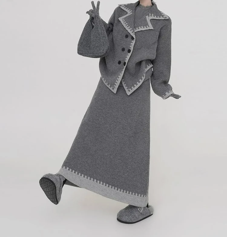 Grey Thick Sweater Set for Women's Autumn and Winter New Loose Knitted Cardigan Half Body Long Skirt Two-piece Set