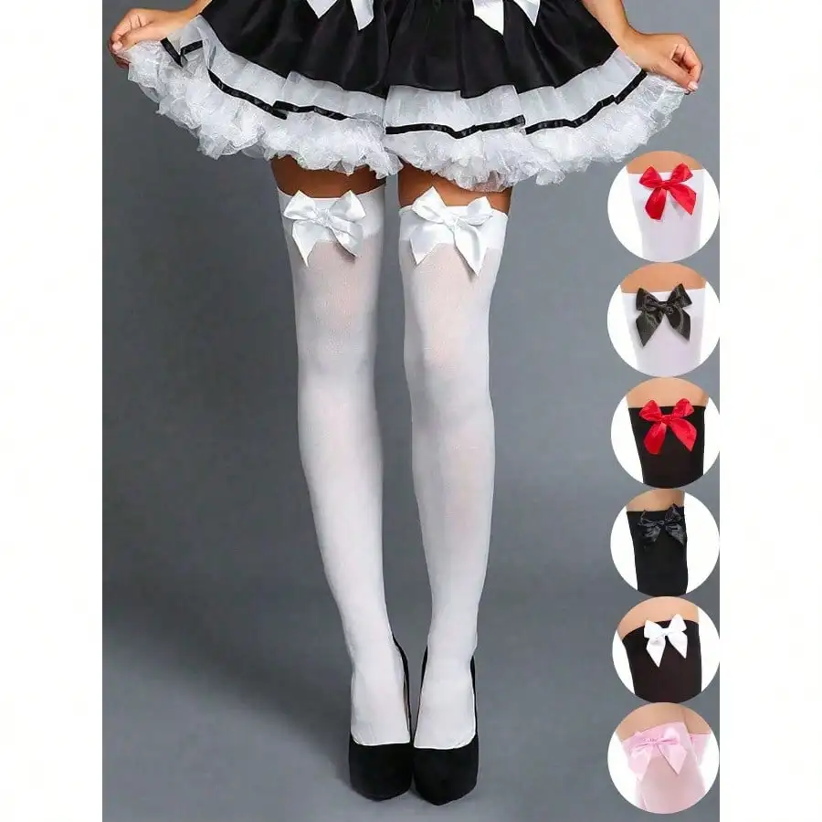 

1 пара чулок до колен с атласными бантами - прозрачные чулки выше колена с атласными бантиками для вечеринок и косплея