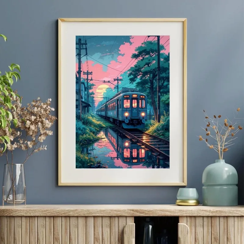 Retro Japanese Nightscape Canvas Print Anime Girl At Train Station Neon Signs Moody Tokyo Street Art for Living Room Wall Decor