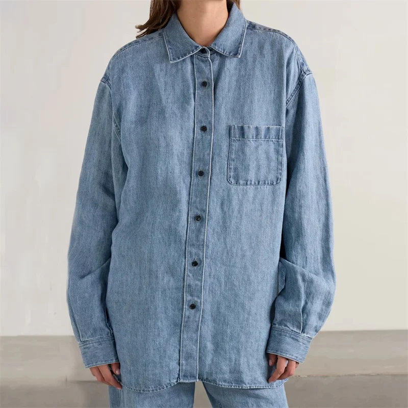

Women's shirt New retro washed pure cotton long sleeved top for autumn 2025 Single breasted slim fit Women's blouse Denim shirt