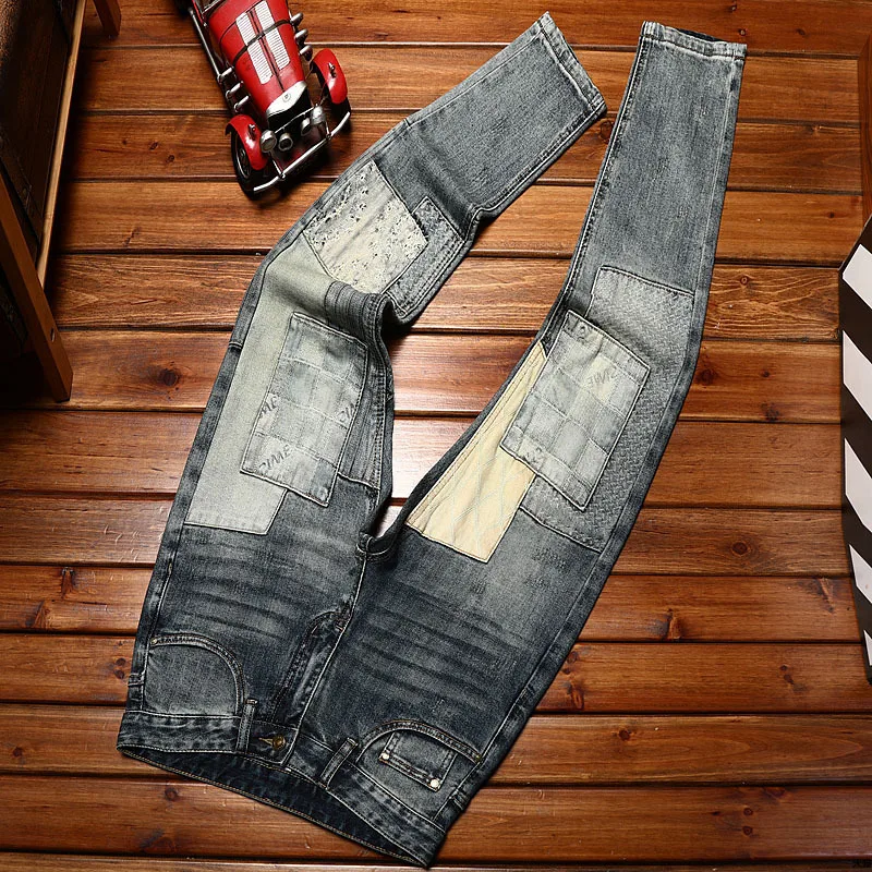 

High-End Trendy Fashion Color Contrast Motorcycle Skinny Pants Men's Stretch Slim Blue Casual Washed-out Vintage Men's Jeans