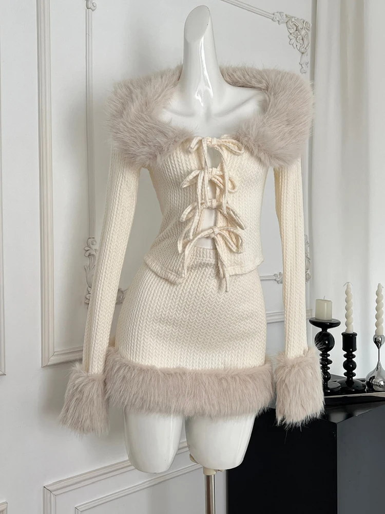 Fall Winter Women Old Money French Vintage Party Knit Outfits 2 Piece Set Long Sleeve Faux Fur Cardigan Top + Mini Skirts Luxury