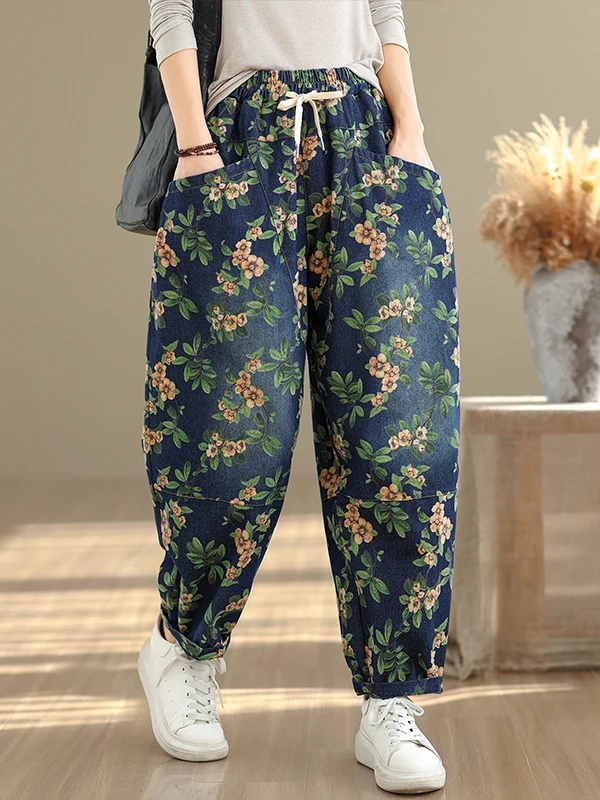 

Retro Ethnic Print Loose plus Size Denim Harlan Pants Women's Spring Autumn Faion New Chinese Sle Old Money Dad Jeans
