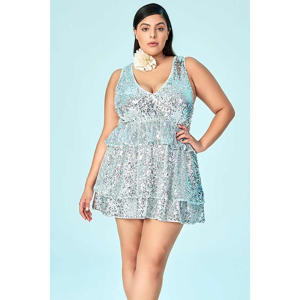 Plus Size Homecoming Party Clubwear Dress Silver Solid V-Neck Sleeveless Sequin Loose Ruffle Mini Dress