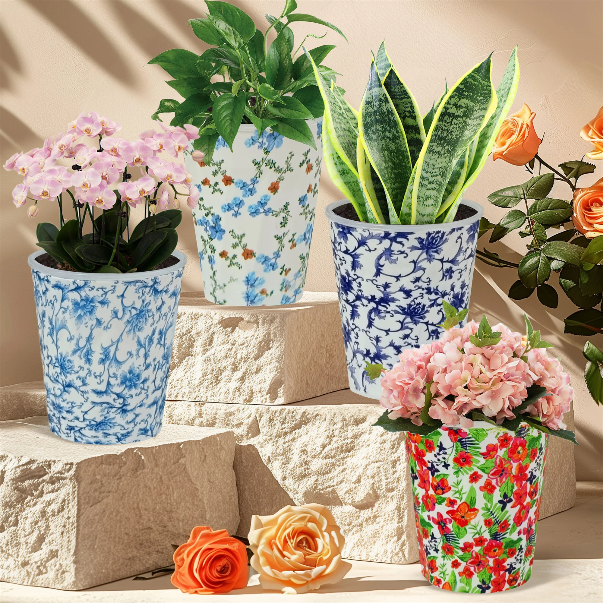 4 Pcs 5.2 Inch Resin Flower Pot Flower Pattern Round Double Decorative Flower Pot Home Garden Decorative Succulent Flower Pot