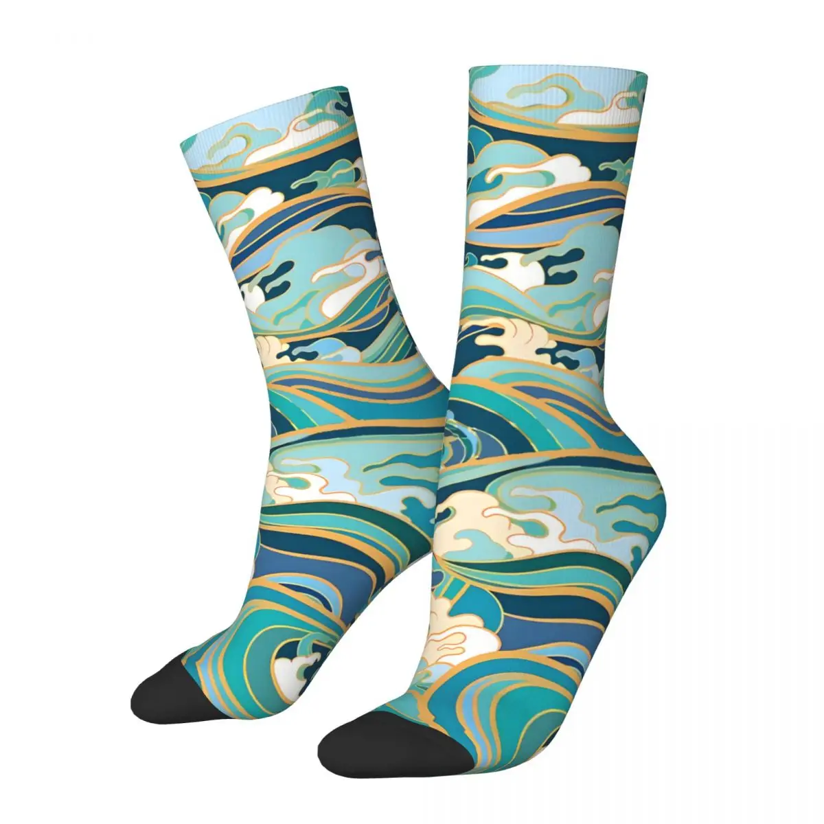 Crazy Sock for Men Traditional Oriental Seamless Pattern Ocean Harajuku Japanese Style Pattern Printed Crew Sock Seamless Gift