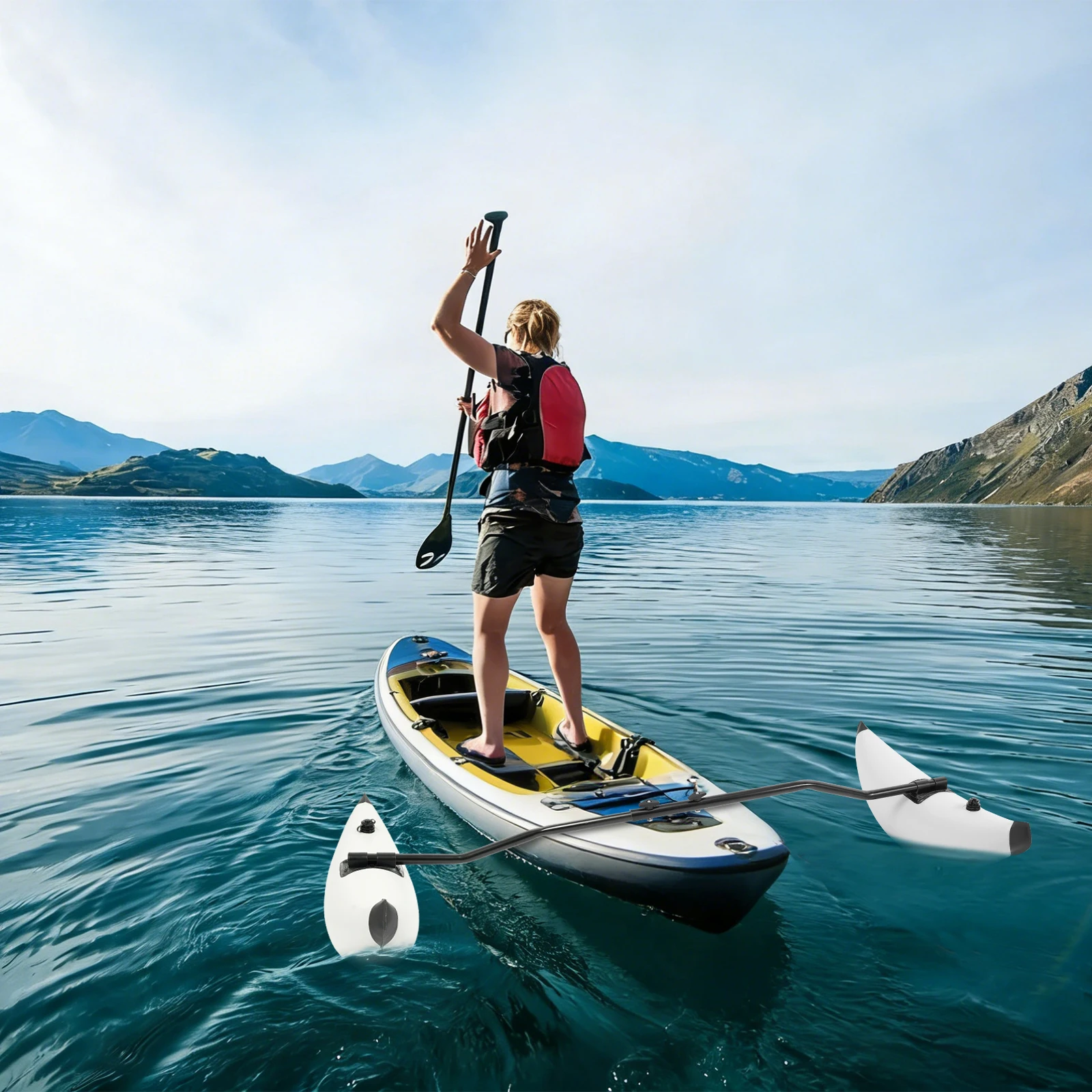 

Inflatable Kayak Outrigger Stabilizer Set PVC Float Buoy with Adjustable Sprayed Aluminum Alloy Rod Dual Air Valves Repair Patches Anti‑Rust Hardware Lightweight Portable Balance Side Float for Canoe Small Boat Fishing Surfing Water Sports