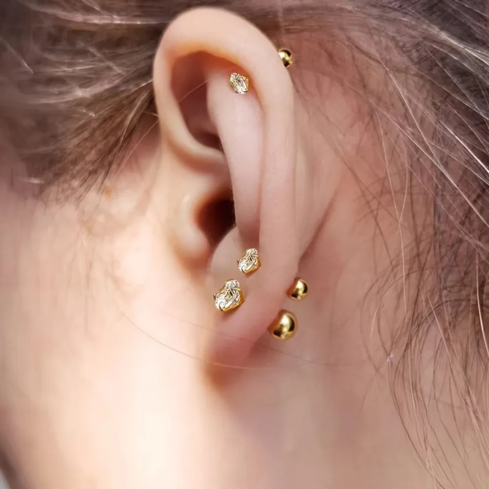 4pcs Super Flash Zircon Earrings Steel Simple Fashionable Four-Claw Thread Ear Bone Studs, Ear Piercing Free Remove Ear Cochlea