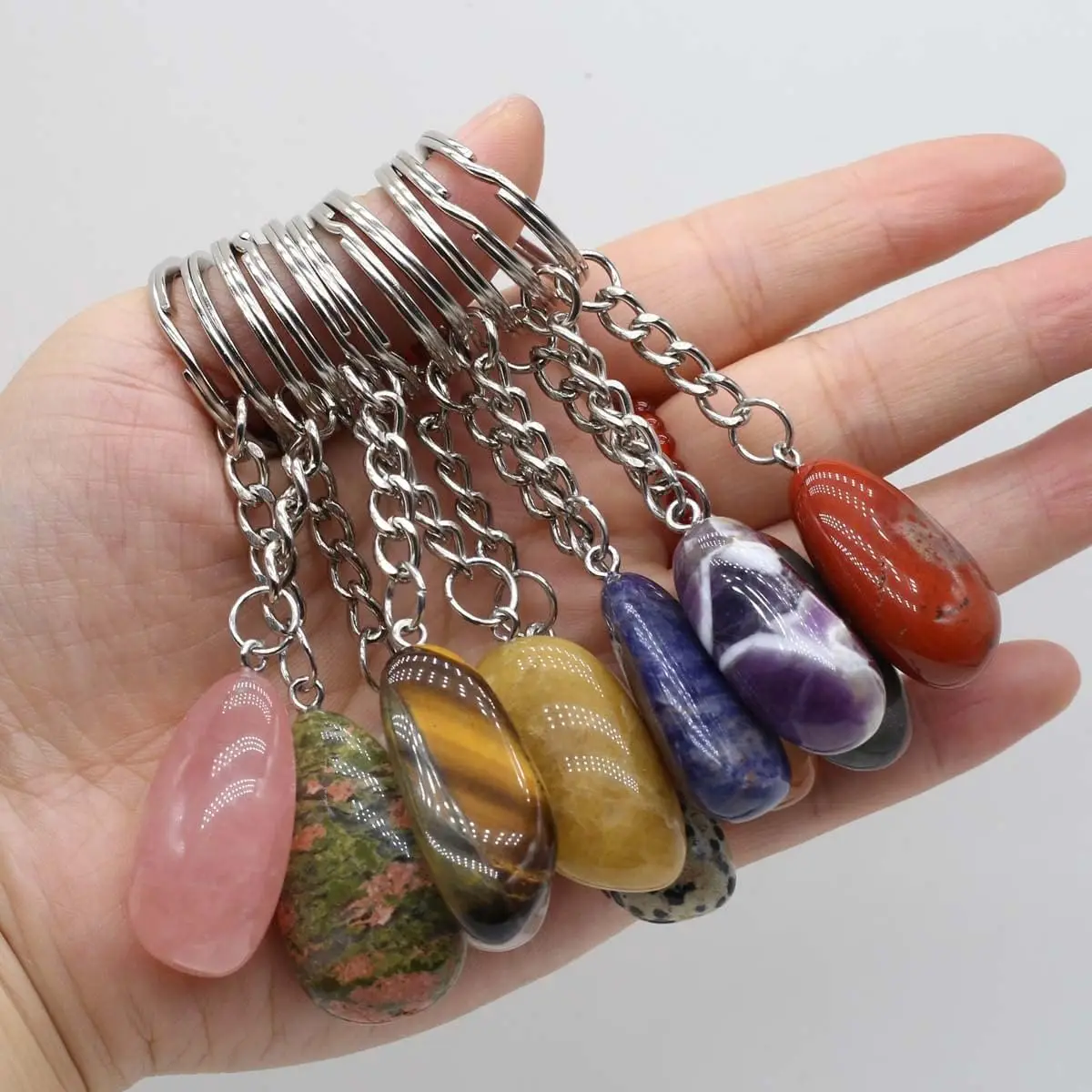 15Pcs Natural Stone Irregular Stone Keychain Rose Quartz Opal Agate Pendant Jewelry Making DIY Hand bag Purse Household Charm Gift Ornament