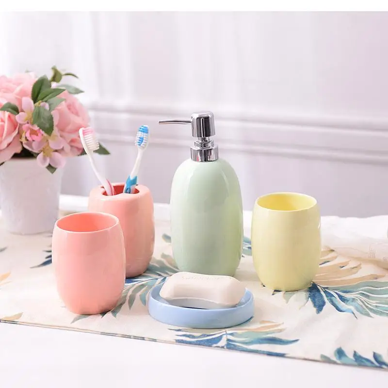 

1 Set European Style Solid Color Ceramic Lotion Bottle Soap Box Toothbrush Holder Gargle Cup Bathroom Accessories Five Piece