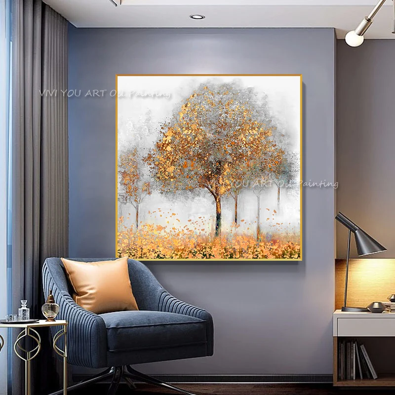 Golden Tree Oil Painting Hand Painted Canvas Modern Abstract Forest Wall Art For Living Room Bedroom Decor Large Size Artwork