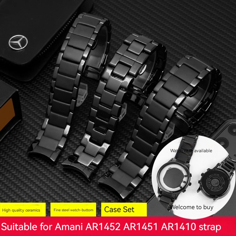 22mm 24mm Black Ceramic case watchband suit for Armani watch AR1451 AR1452 AR70002 AR1400 AR1410 men\'s strap Butterfly buckle