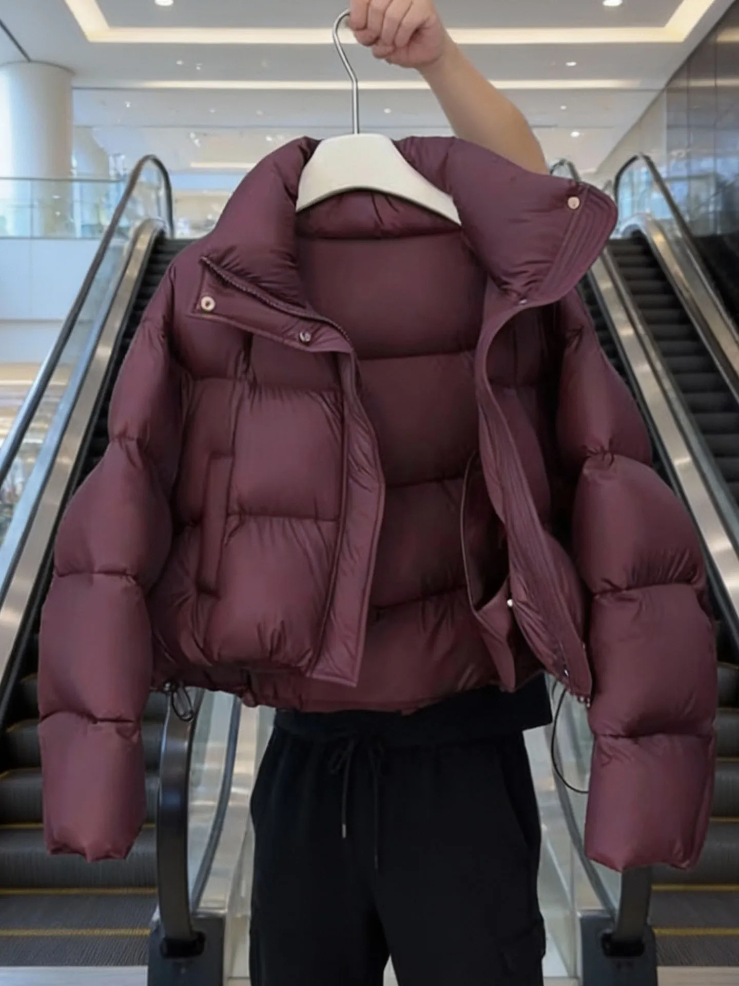 Sli ort Puffer Jaet Abrigo mullido rojo vino para mujer coreano Sle Commute Faion cintura alta largo Sve cremallera calidez