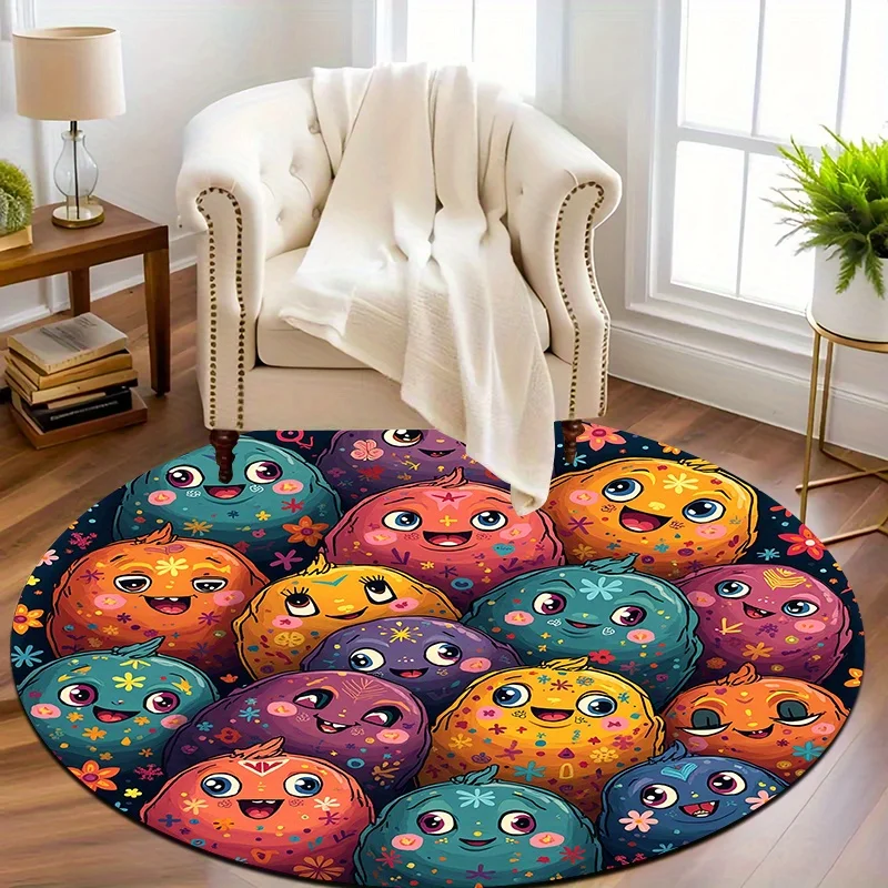 Cute cartoon monster Flannel-printed round floor mats are slip-resistant Suitable for living room bedroom terrace garden carpets