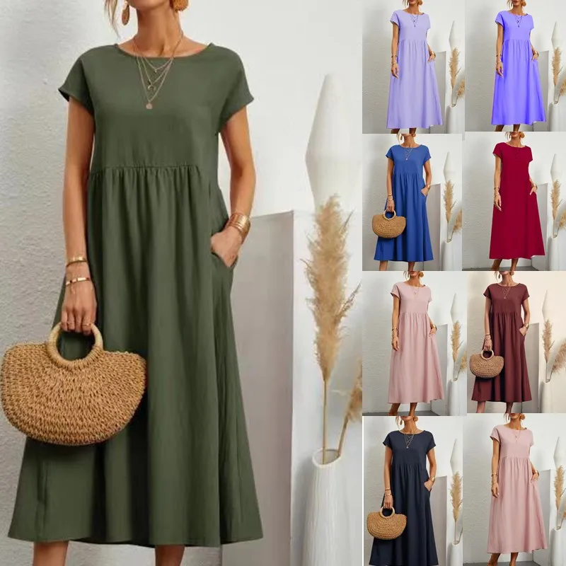 Women Elegant Solid Maxi Dress Summer Short Sleeve O Neck Vintage Harajuku Cotton Linen Loose Sundress Y2K Pockets Long Dress maxi раскраска для девочек