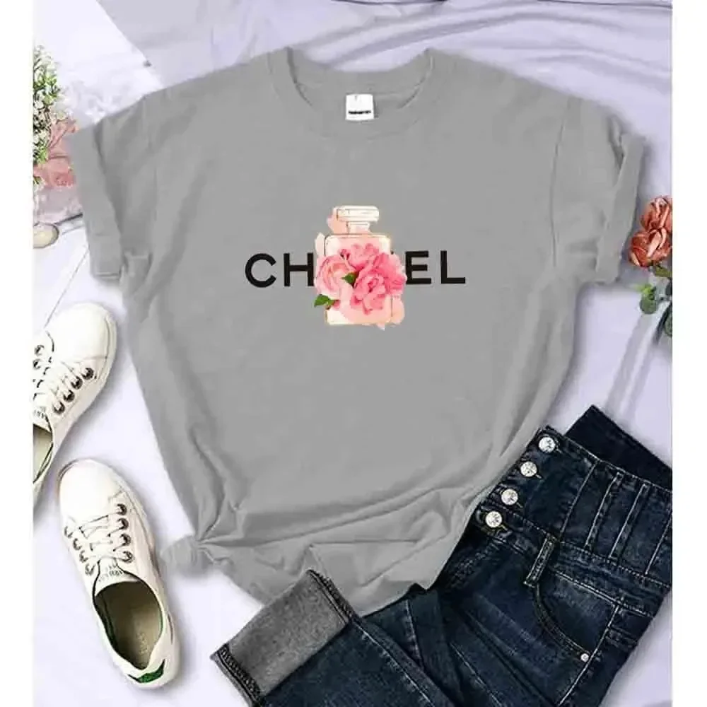 Women\'s Plus Size T-Shirt Cotton Alphabet Flower Perfume Shirt Printed Pattern T-Shirt Brand Short Sleeve Top Clothes