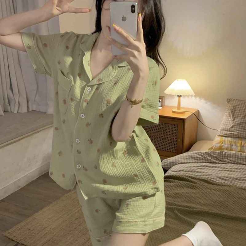 Women\'s Pajamas Set Foam Cotton Sleepwear Button down Tops and Shorts Pajama 2 Piece Suit Femme Nightwear Loungewear for Summer