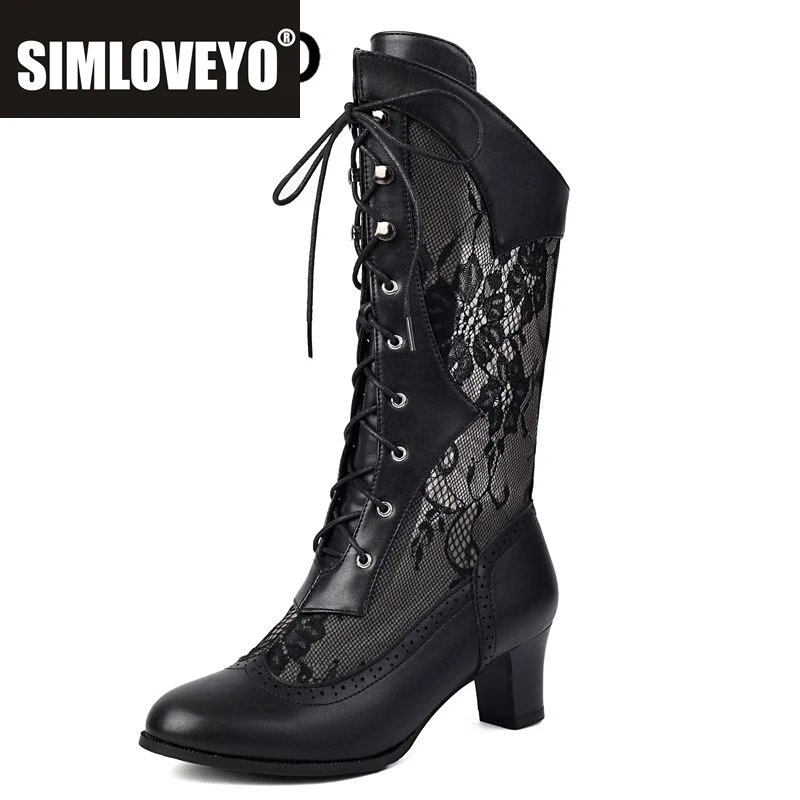 

SIMLOVEYO Летние женские сапоги до середины икры с круглым носком на массивном каблуке 5 см, на шнуровке, с дышащей сеткой, большие размеры 46 47 48, сексуальные свидания Bota