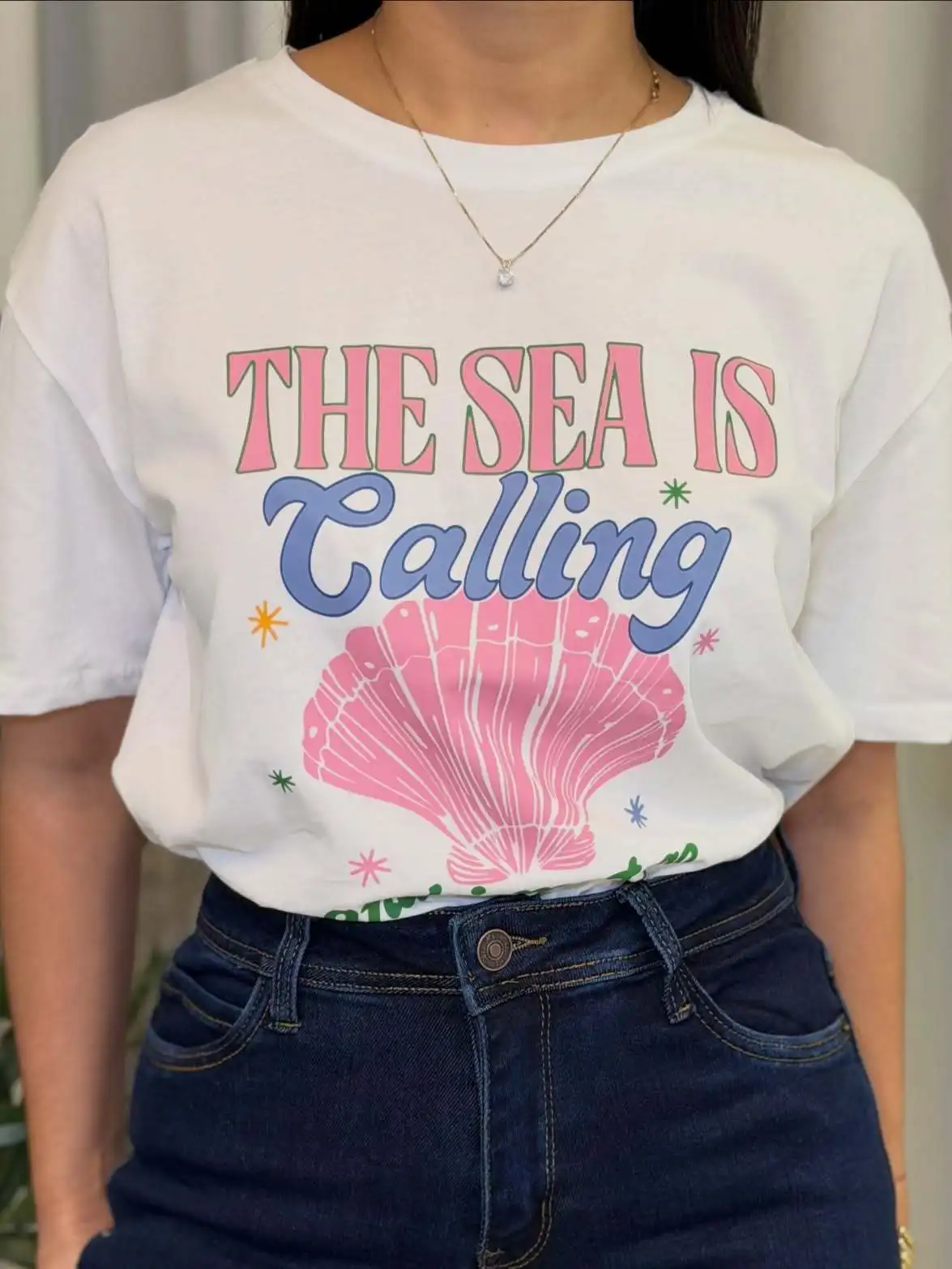Retro American Summer Ocean Style  Print Spicy Girl Loose Pure Cotton Short Sleeve T-Shirt Women's Trendy round Neck Top