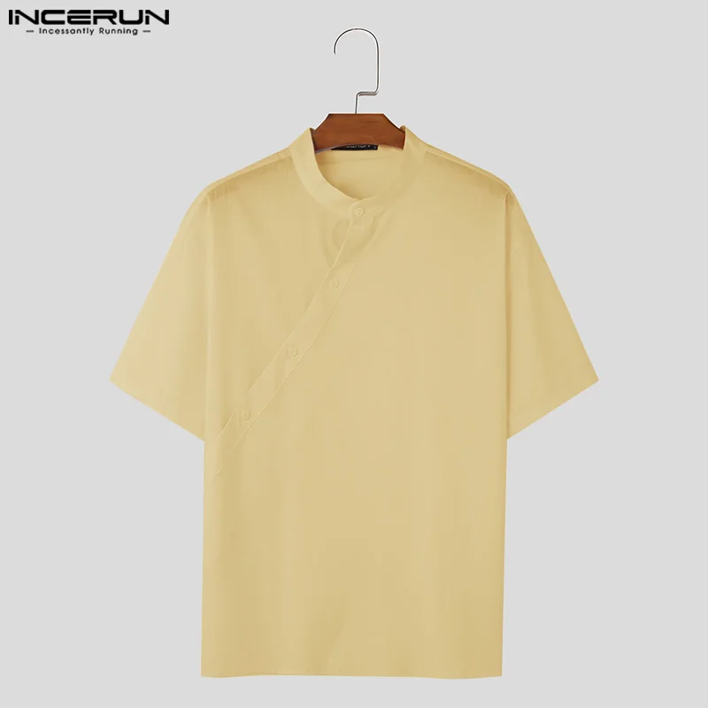 INCERUN 2024 Cotton Shirts Summer Tops Men Stand Collar Button Down Solid Color Casual Blouse Men Clothing Chemise Oversize Tee