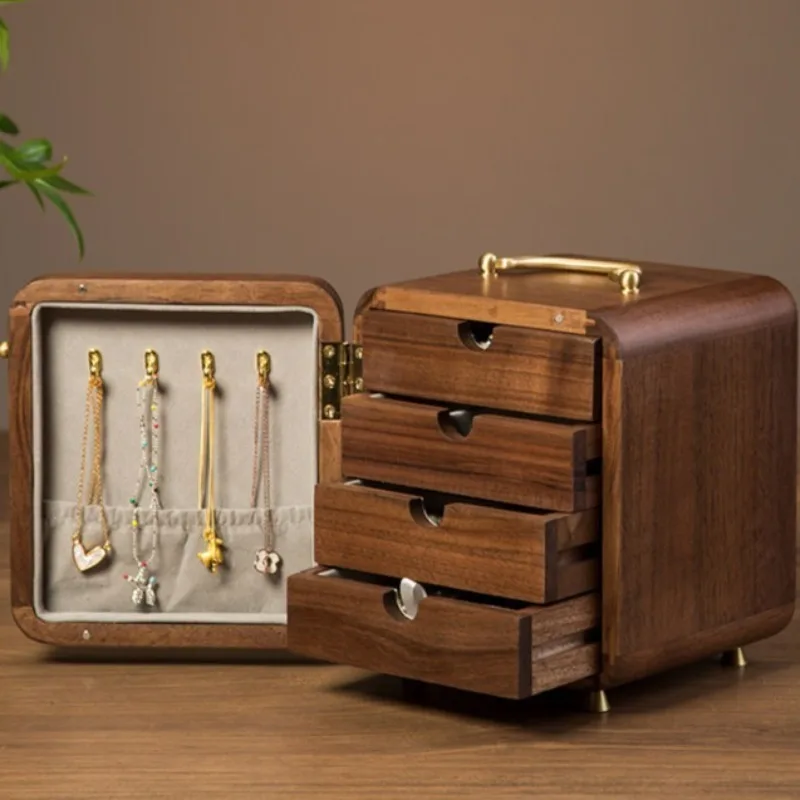 Walnut Wood Jewelry Box Portable Earring Ring Organizer Box Desktop Necklace Bracelet Storage Box Large Capacity Jewelry Case