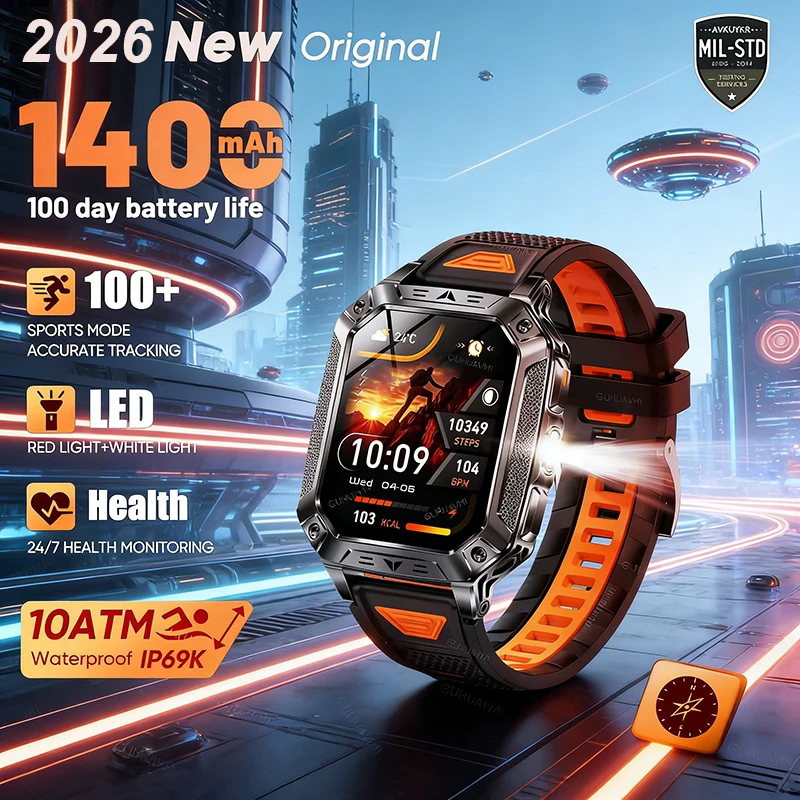 

2026 New 1400mAh Large Battery Outdoor Sports Smartwatch Bluetooth Call LED Flashlight GPS Waterproof Military Smart Watch Men