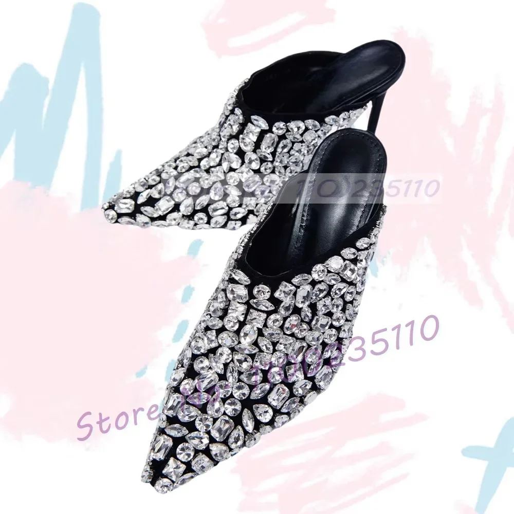 

Silver Full Gems Pointy Toe Slippers Women Glittery Crystal-set Stiletto High Heels Mules Ladies Summer Fashion Newest Slippers