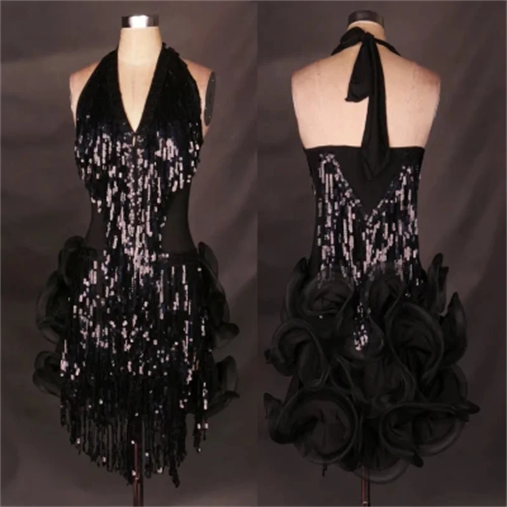 Falda de baile latino estilo flores, Semi-halter, ropa de competición de baile latino, falda de baile con borlas, vestidos de baile latino para mujer