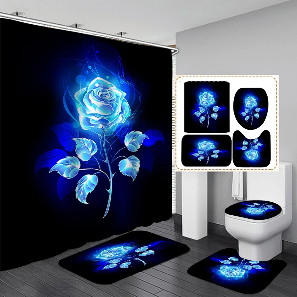 Shiny Blue Golden Rose Waterproof Shower Curtain Set Toilet Cover Mat Nonslip Bath Rugs Bathroom Valentine\'s Day Christmas Decor