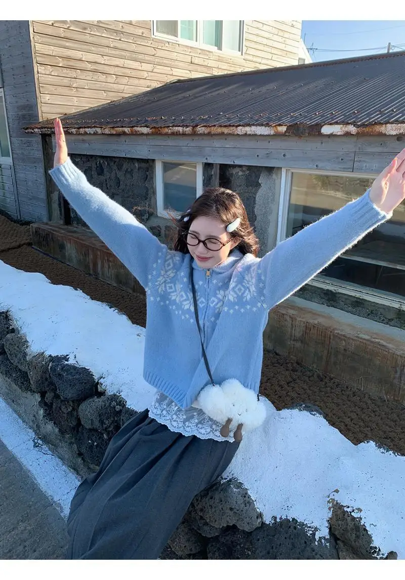 ブルージャカードジッパーニットカーディガン女性秋冬ラペルカジュアルルーズ長袖セーターコートヴィンテージ怠惰なトップス