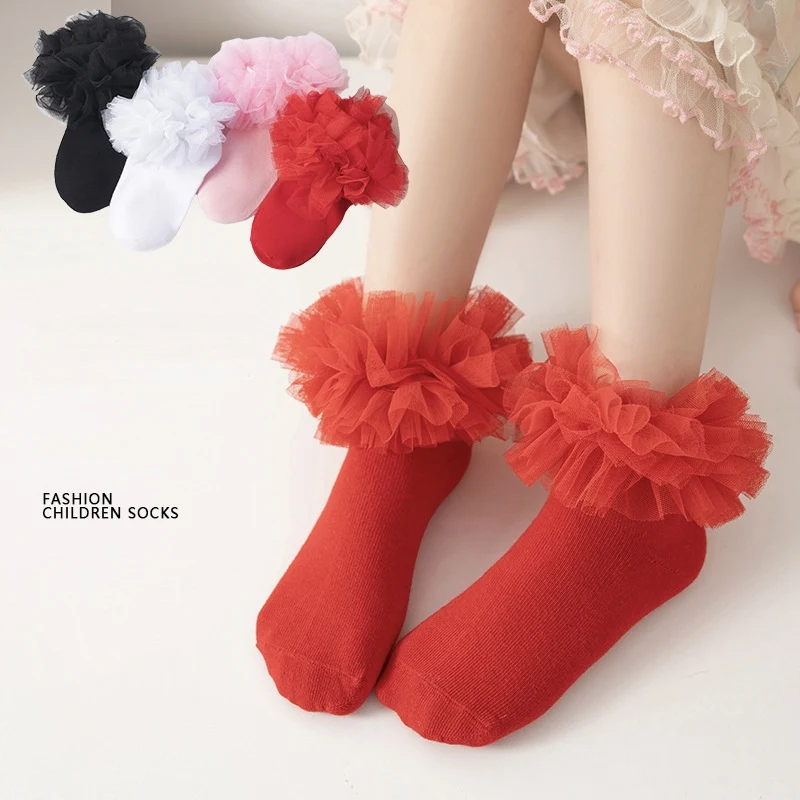 Cotton Frilly Short Socks with Fluffy Lace Edges and Multiple Pleats for Royal Princess Girls 1-12 Years