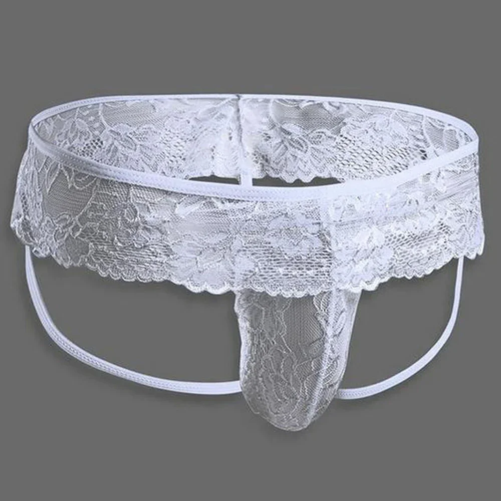 New Men Lace See Through Sissy Embroidered Pouch Bulge Thong Briefs Underwear Panties Underpants Erotic Hollow Men's G-string