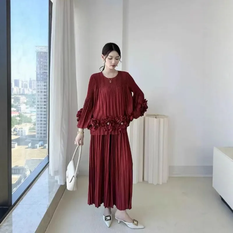 Miyake – ensemble pantalon plissé plissé, nouvelle mode pliable, fleurs tridimensionnelles, haut en perles, pantalon à jambes larges, ensemble de 2 pièces, printemps 2026
