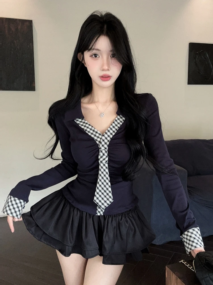 Sweet School Uniform Style Jk Uniform Set Slimming Waist High Collar Patchwork Plaid Belted Two-Piece Suit for Women