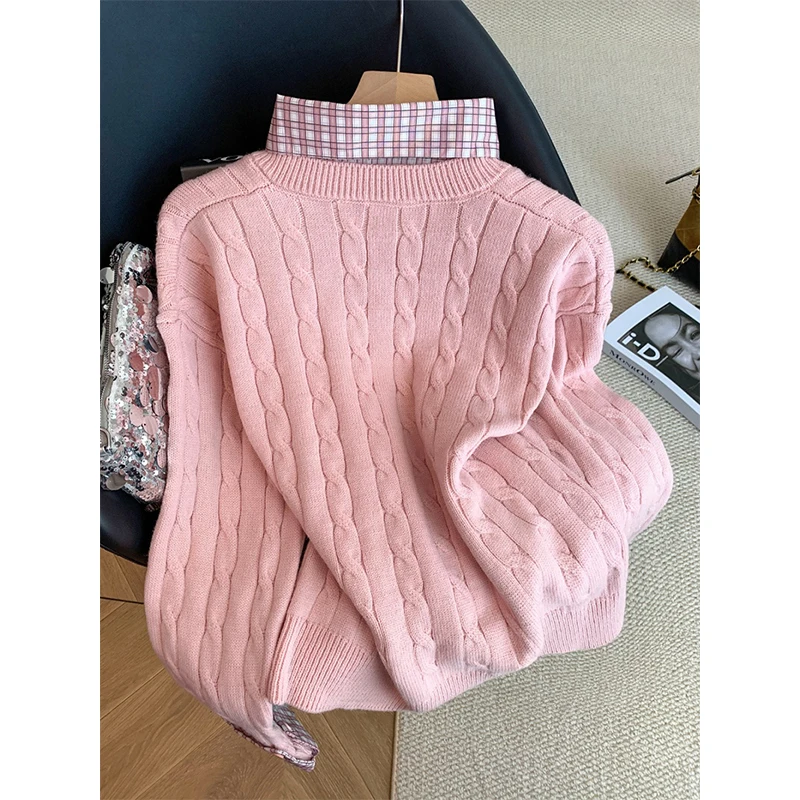MEXZT Süße Rosa Pullover Frauen Harajuku Plaid Patchwork Gestrickte Pullover Koreanische Langarm Strickwaren Winter Mode Jumper