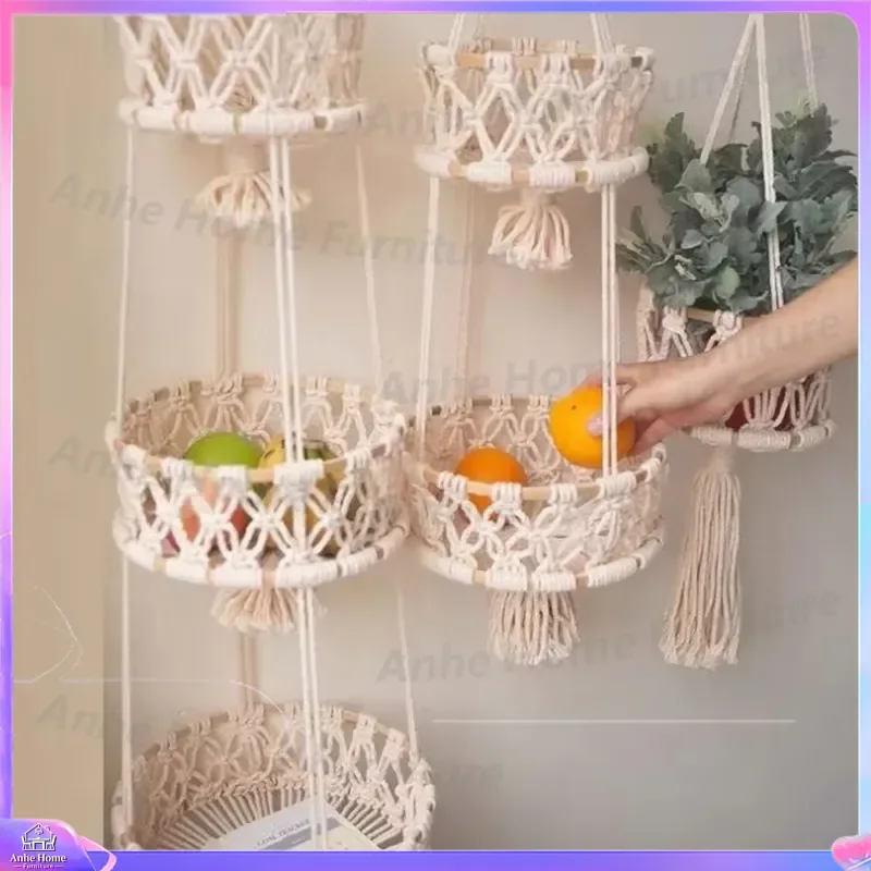 Wall Mounted Rattan Basket Seagrass Woven Storage Bin Hanging Planter Pot Holder Natural Wood Shelf Decor for Home Garden