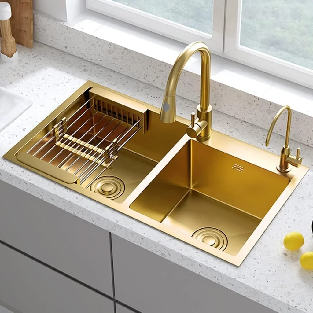 Gold luxury multifunctional brush  304 Handmade Stainless Steel kitchen sinks smart sink kitchen