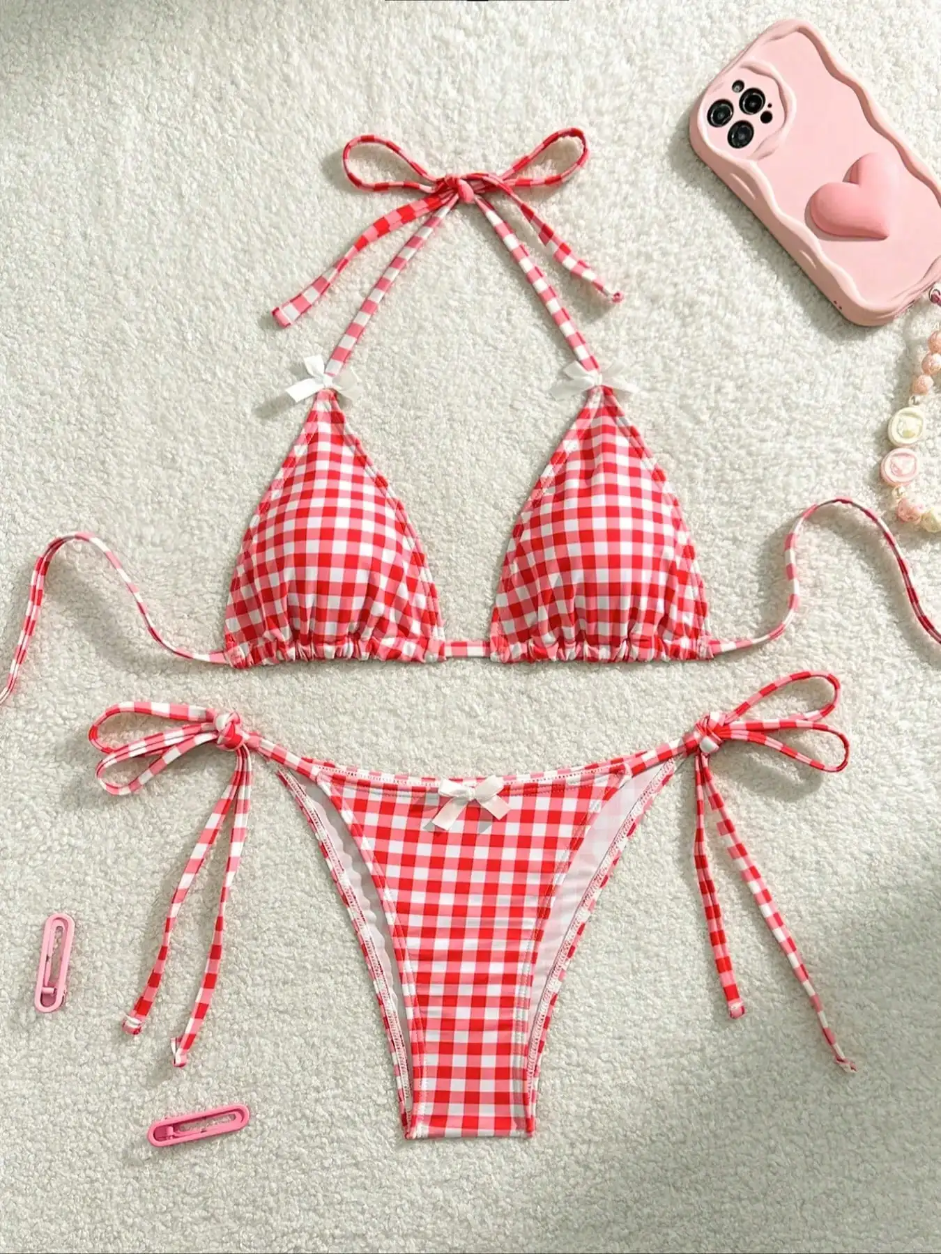 

Sexy Red White Plaid Bowknot Bikini 2 Piece Set For Summer Beach Vacation