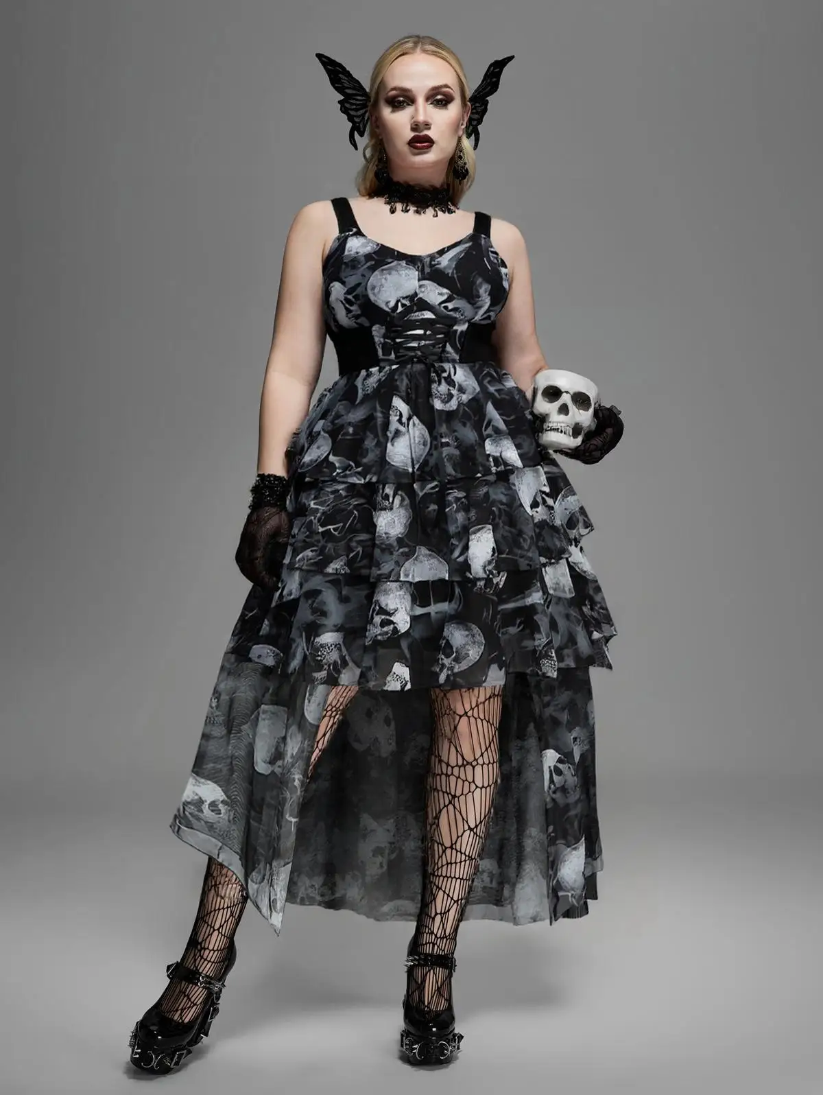ROSEGAL Vestidos góticos para mujer de talla grande con estampado de humo y calavera ombré, vestido sin mangas asimétrico en capas con cordones de malla
