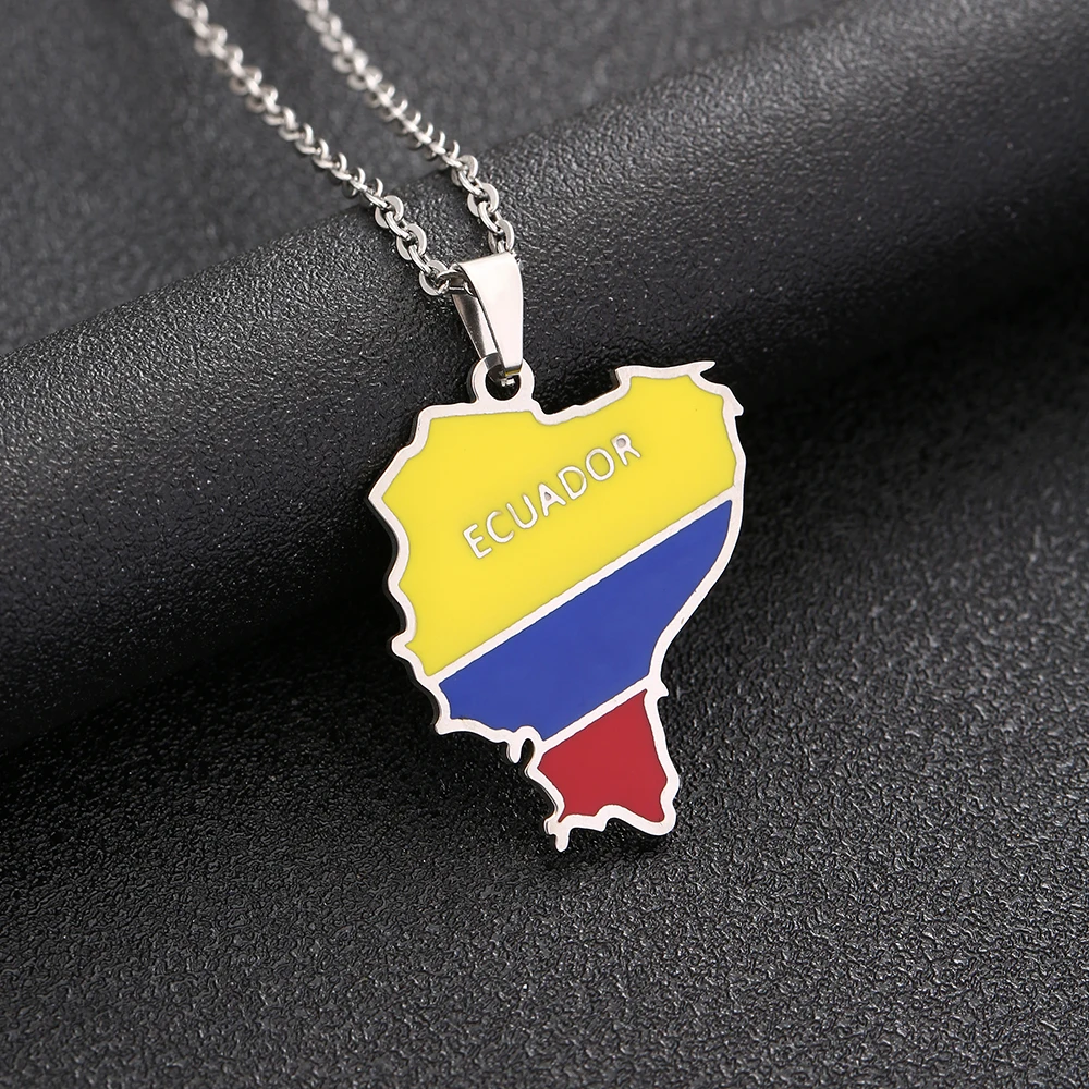 República del Ecuador Map Flag Pendant Necklace Gold/Silver Color Men Women Ethnic Map Stainless Steel Jewelry Gift